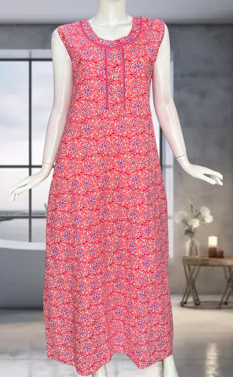 Peach Flora Pure Cotton Sleeveless Nighty. Pure Durable Cotton | Laces and Frills