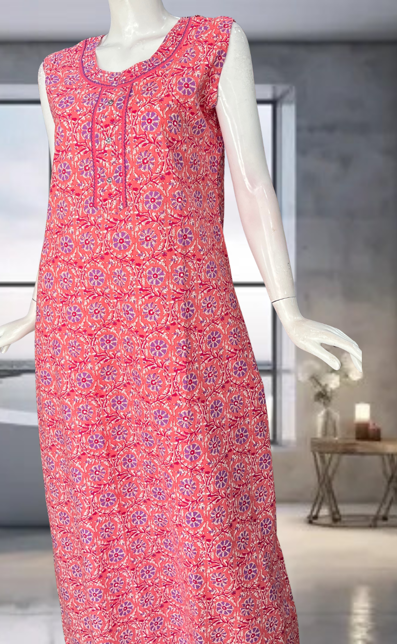 Peach Flora Pure Cotton Sleeveless Nighty. Pure Durable Cotton | Laces and Frills