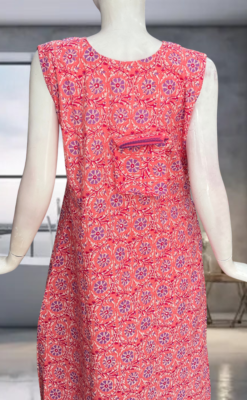 Peach Flora Pure Cotton Sleeveless Nighty. Pure Durable Cotton | Laces and Frills