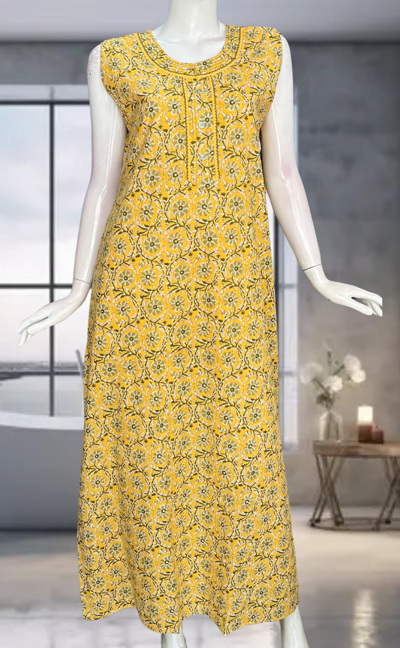 Yellow Flora Pure Cotton Sleeveless Nighty. Pure Durable Cotton | Laces and Frills
