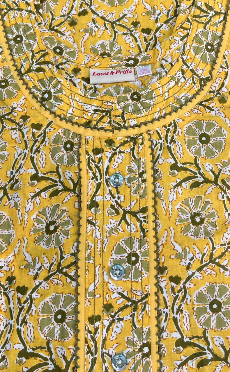 Yellow Flora Pure Cotton Sleeveless Nighty. Pure Durable Cotton | Laces and Frills
