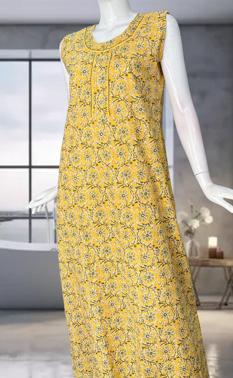 Yellow Flora Pure Cotton Sleeveless Nighty. Pure Durable Cotton | Laces and Frills