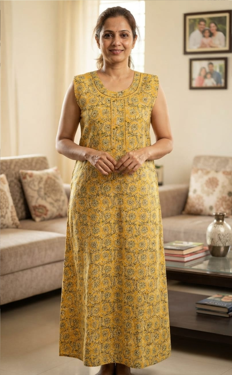Yellow Flora Pure Cotton Sleeveless Nighty. Pure Durable Cotton | Laces and Frills