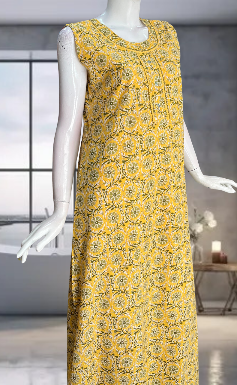 Yellow Flora Pure Cotton Sleeveless Nighty. Pure Durable Cotton | Laces and Frills