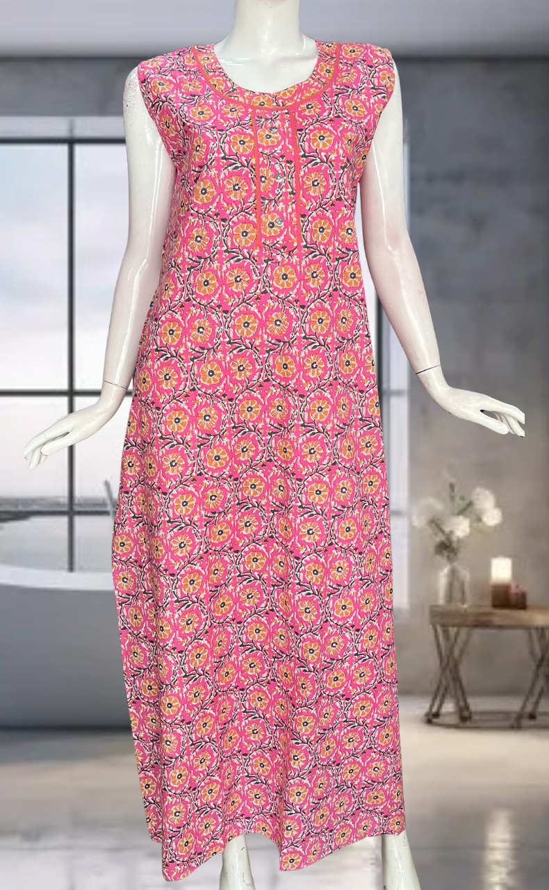 Pink Flora Pure Cotton Sleeveless Nighty. Pure Durable Cotton | Laces and Frills