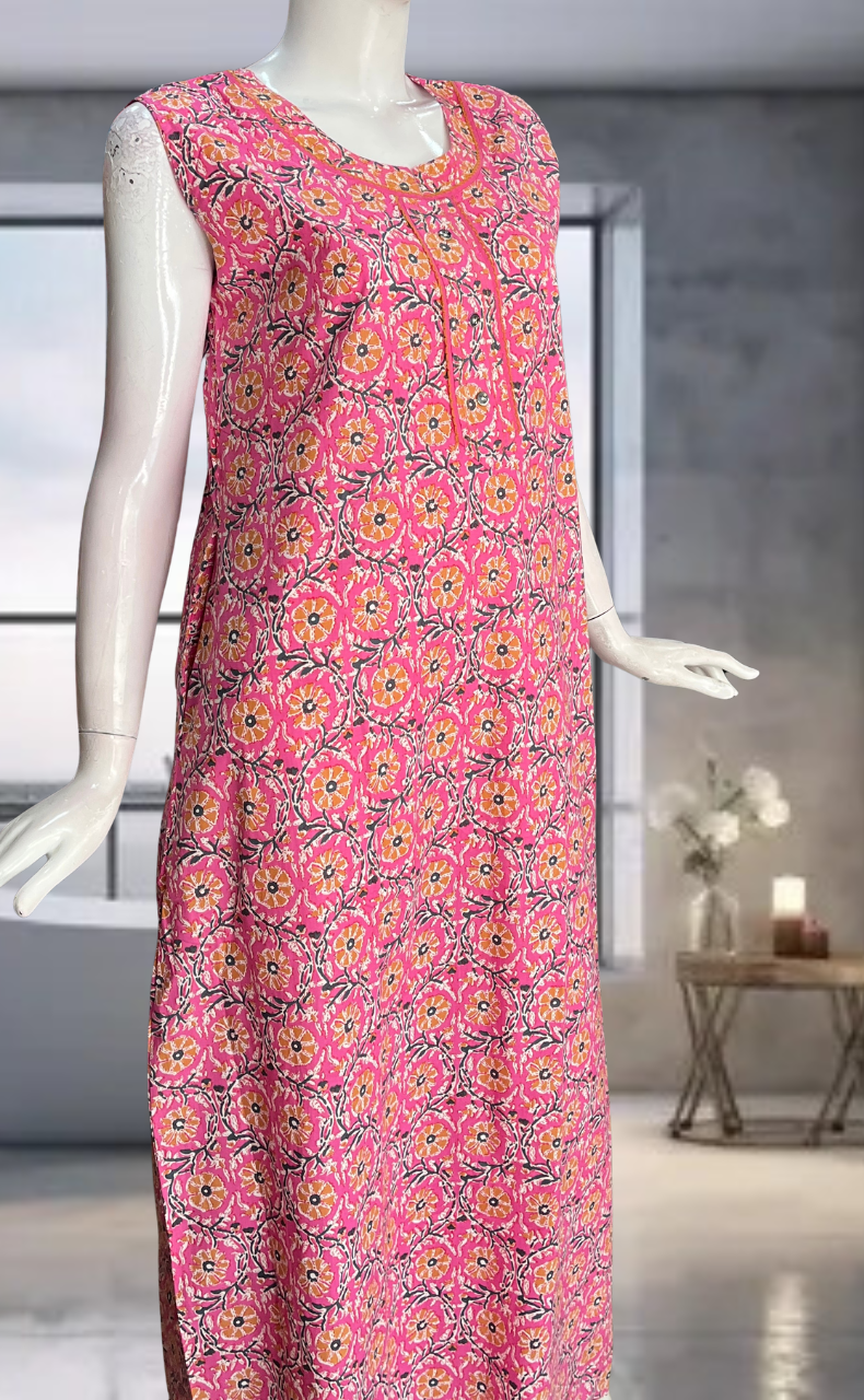 Pink Flora Pure Cotton Sleeveless Nighty. Pure Durable Cotton | Laces and Frills