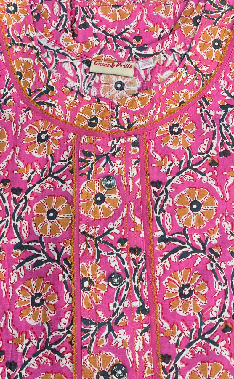 Pink Flora Pure Cotton Sleeveless Nighty. Pure Durable Cotton | Laces and Frills