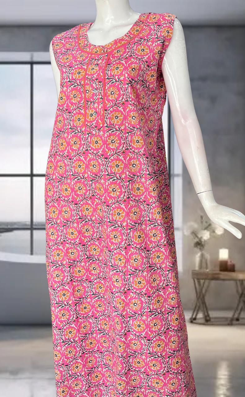 Pink Flora Pure Cotton Sleeveless Nighty. Pure Durable Cotton | Laces and Frills
