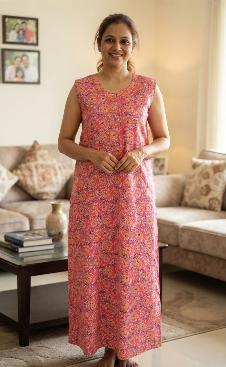 Pink Flora Pure Cotton Sleeveless Nighty. Pure Durable Cotton | Laces and Frills