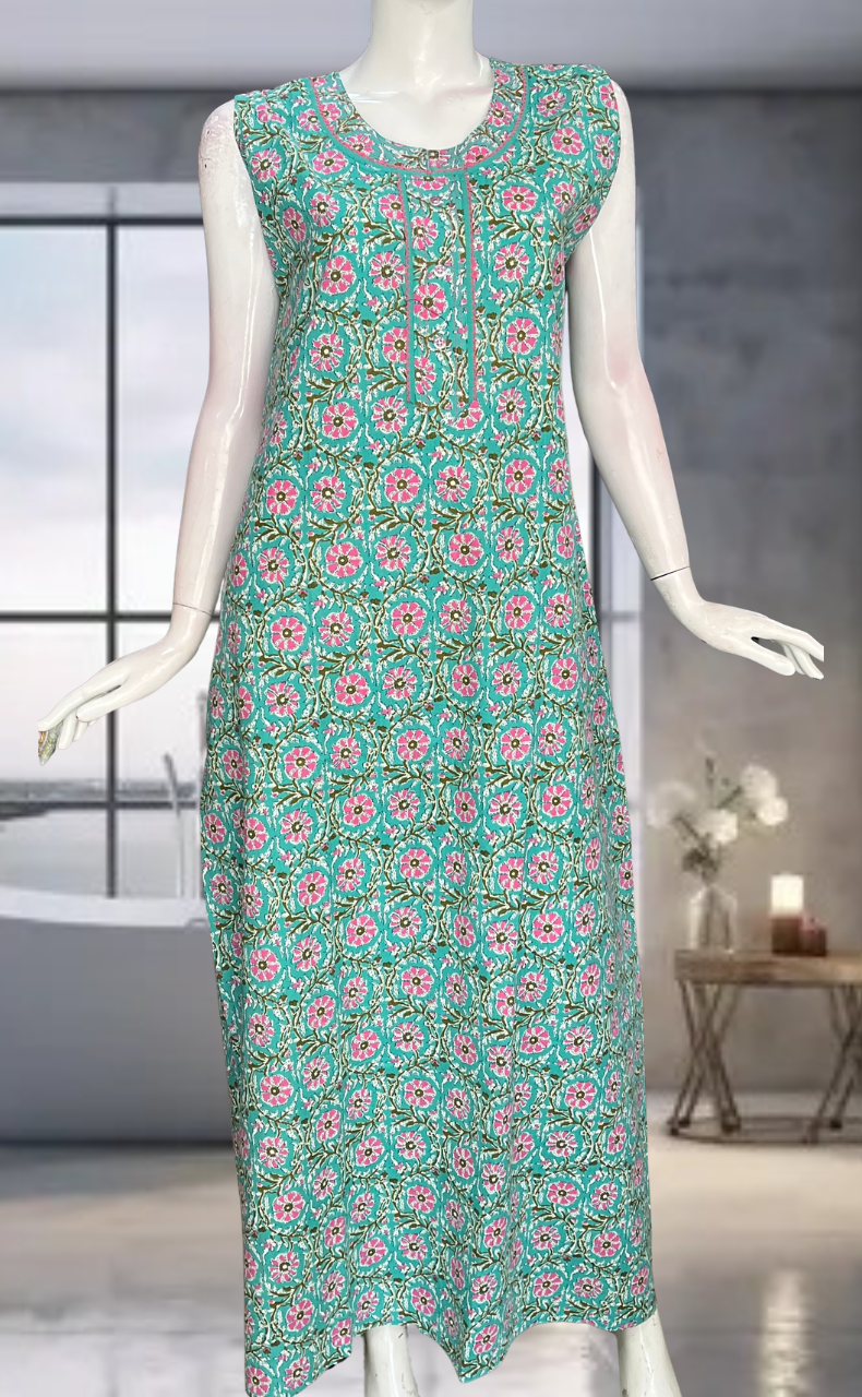 Green Flora Pure Cotton Sleeveless Nighty. Pure Durable Cotton | Laces and Frills