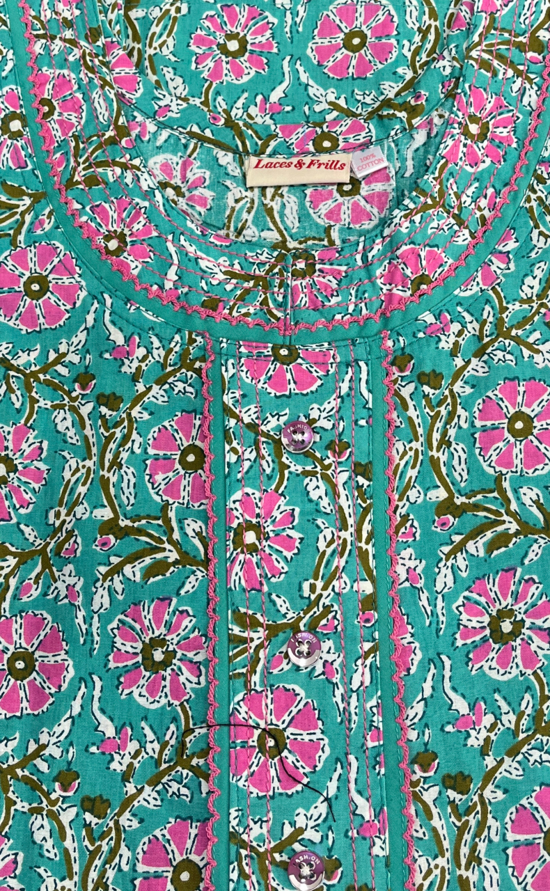 Green Flora Pure Cotton Sleeveless Nighty. Pure Durable Cotton | Laces and Frills