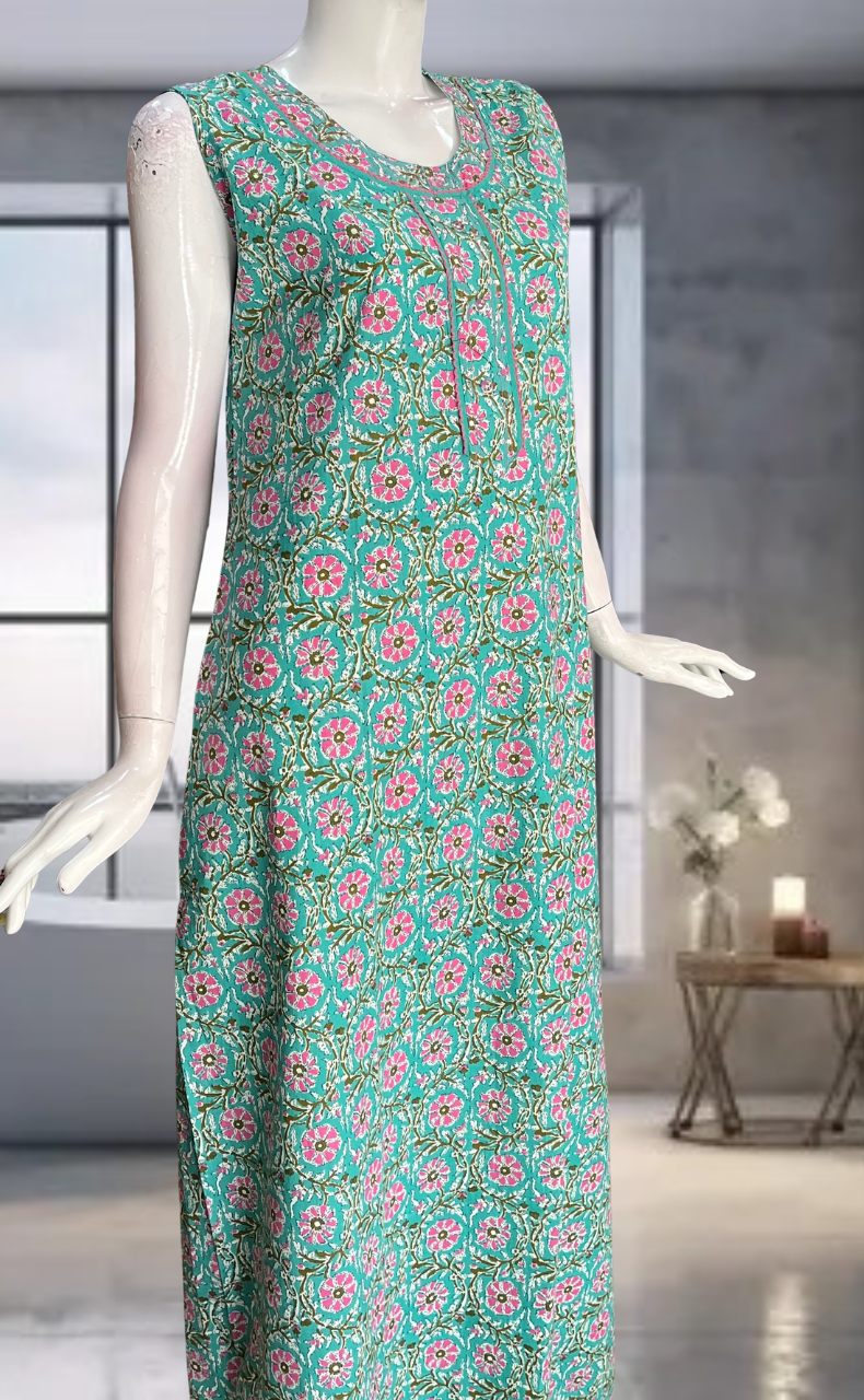 Green Flora Pure Cotton Sleeveless Nighty. Pure Durable Cotton | Laces and Frills