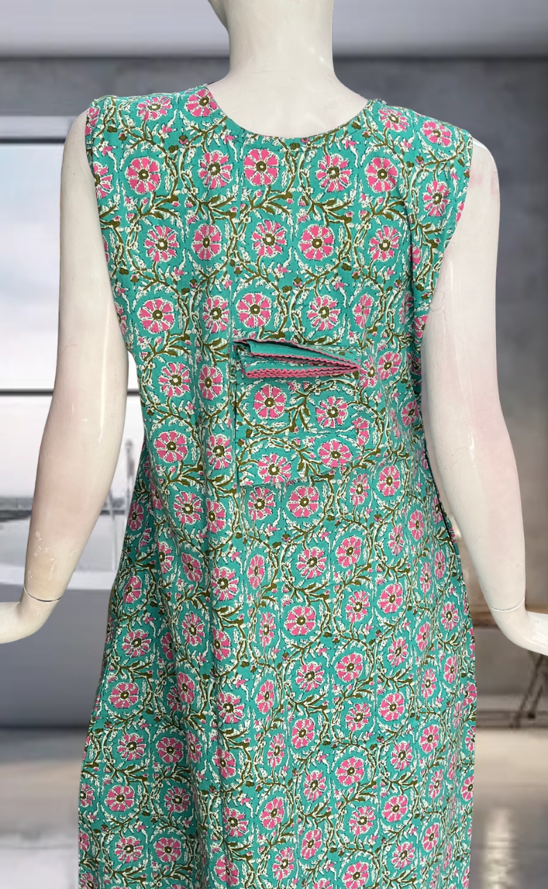 Green Flora Pure Cotton Sleeveless Nighty. Pure Durable Cotton | Laces and Frills