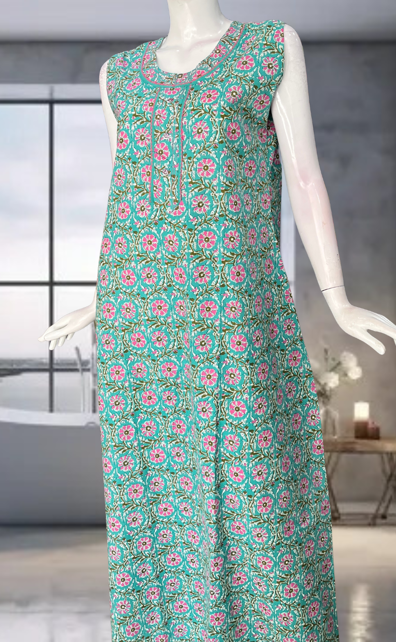 Green Flora Pure Cotton Sleeveless Nighty. Pure Durable Cotton | Laces and Frills