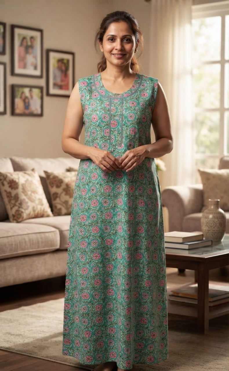 Green Flora Pure Cotton Sleeveless Nighty. Pure Durable Cotton | Laces and Frills