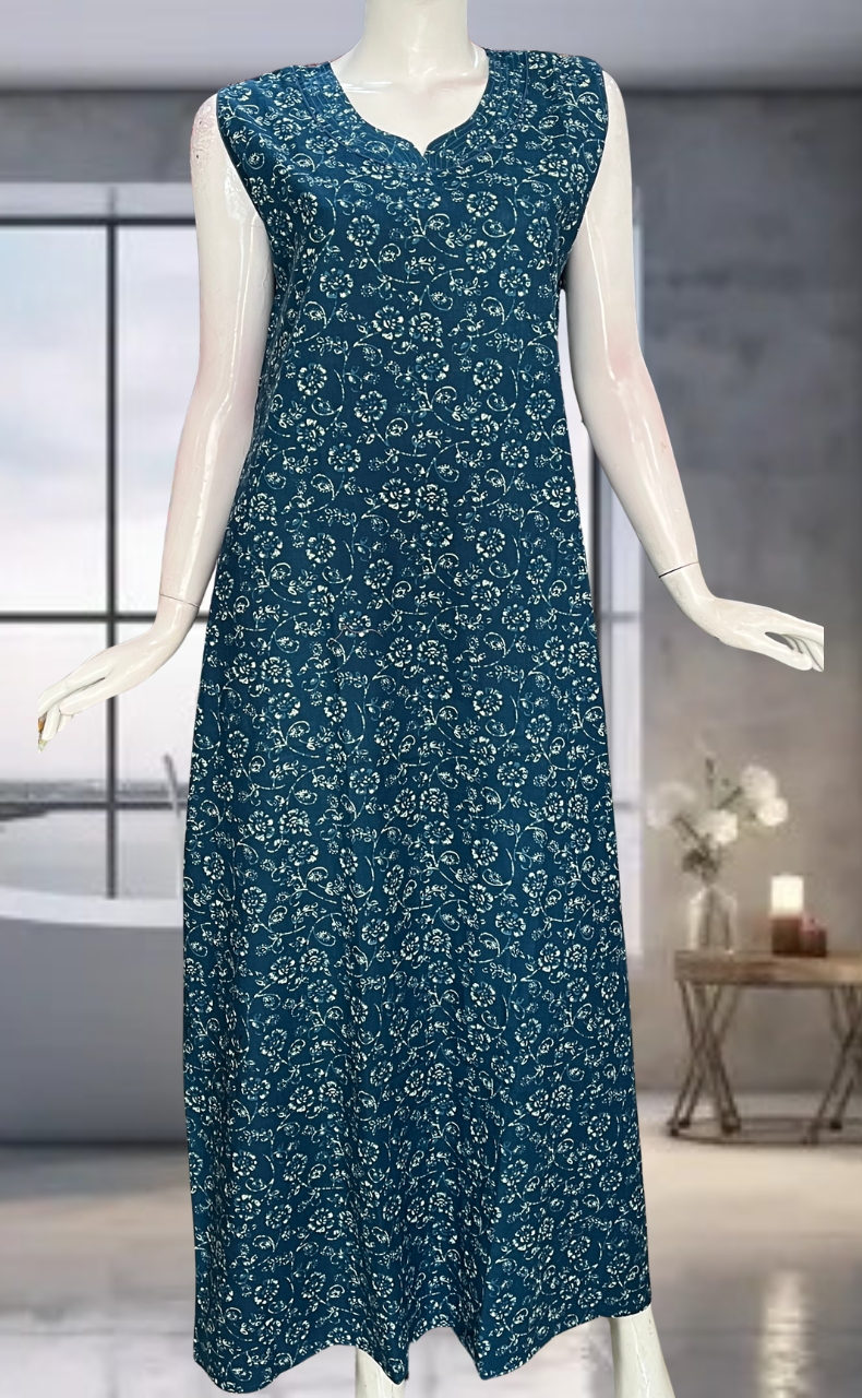 Teal Blue Garden Pure Cotton Sleeveless Nighty. Pure Durable Cotton | Laces and Frills