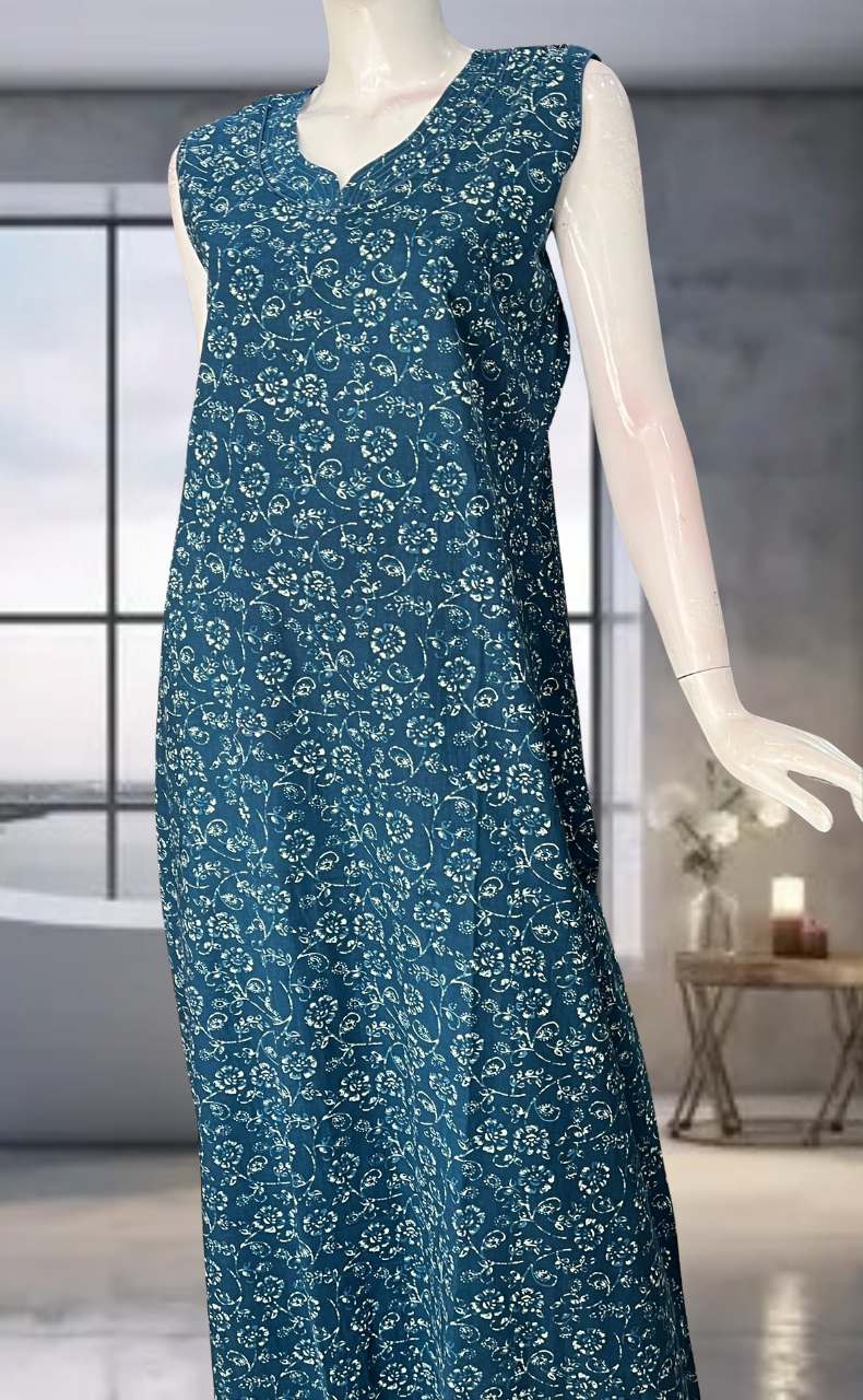 Teal Blue Garden Pure Cotton Sleeveless Nighty. Pure Durable Cotton | Laces and Frills
