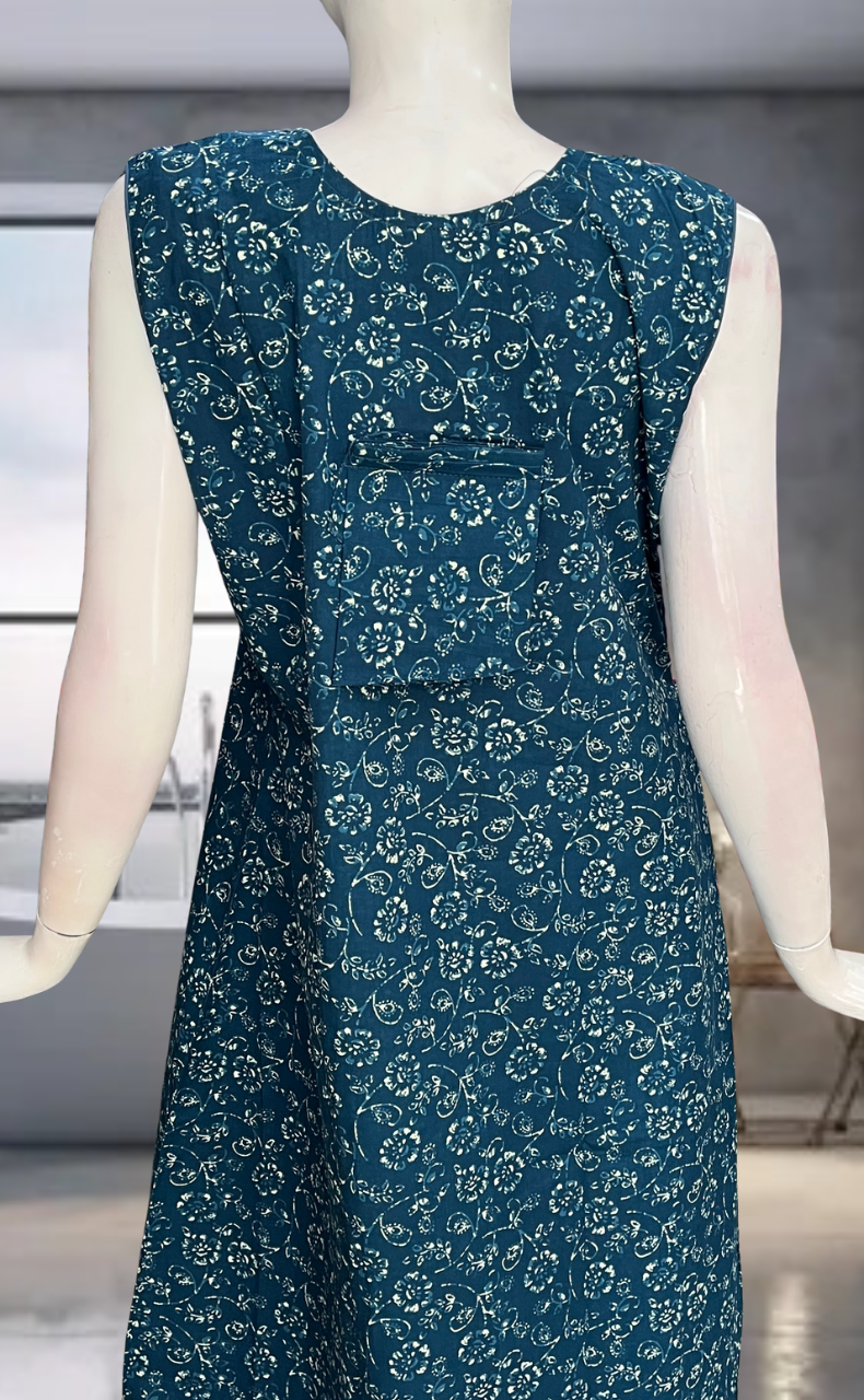 Teal Blue Garden Pure Cotton Sleeveless Nighty. Pure Durable Cotton | Laces and Frills