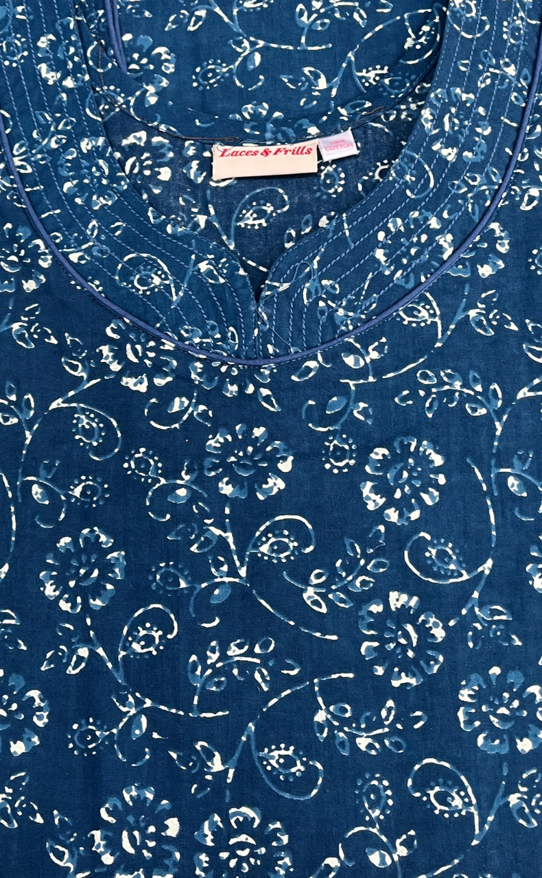 Teal Blue Garden Pure Cotton Sleeveless Nighty. Pure Durable Cotton | Laces and Frills