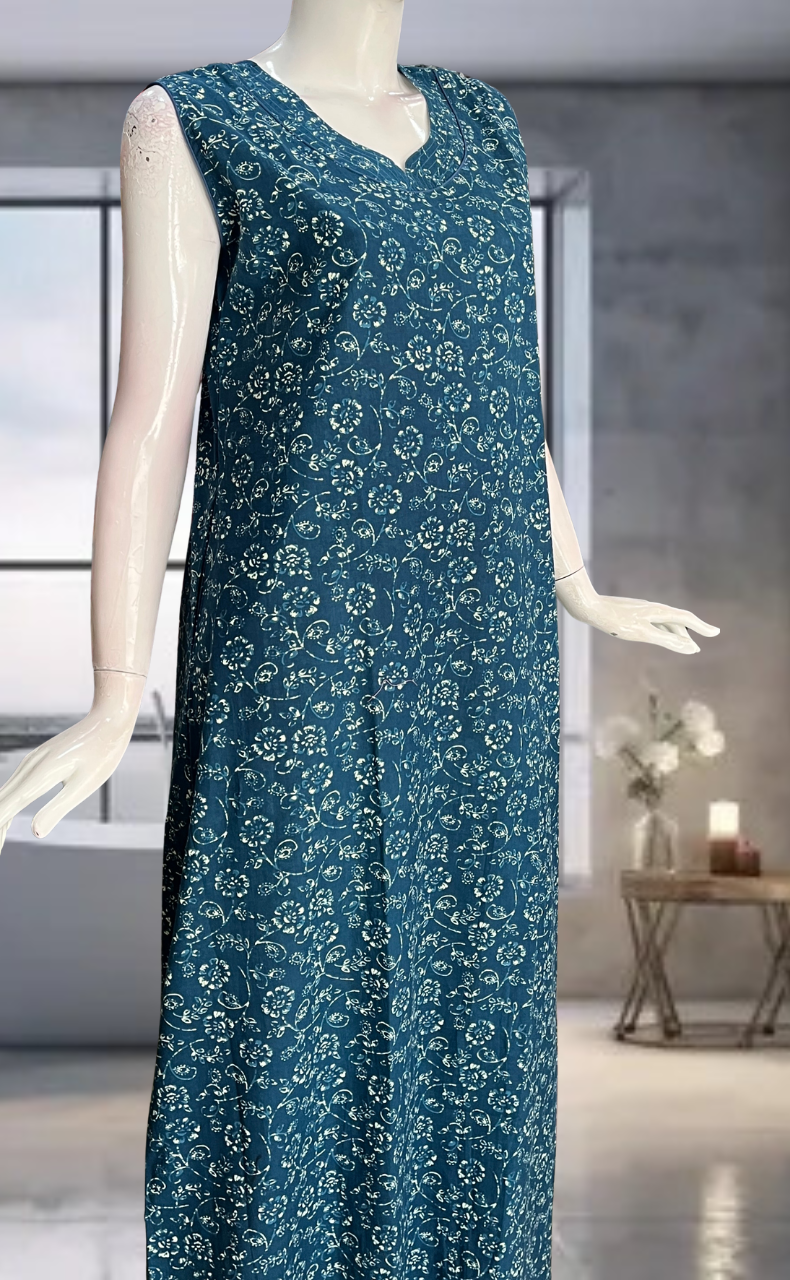 Teal Blue Garden Pure Cotton Sleeveless Nighty. Pure Durable Cotton | Laces and Frills