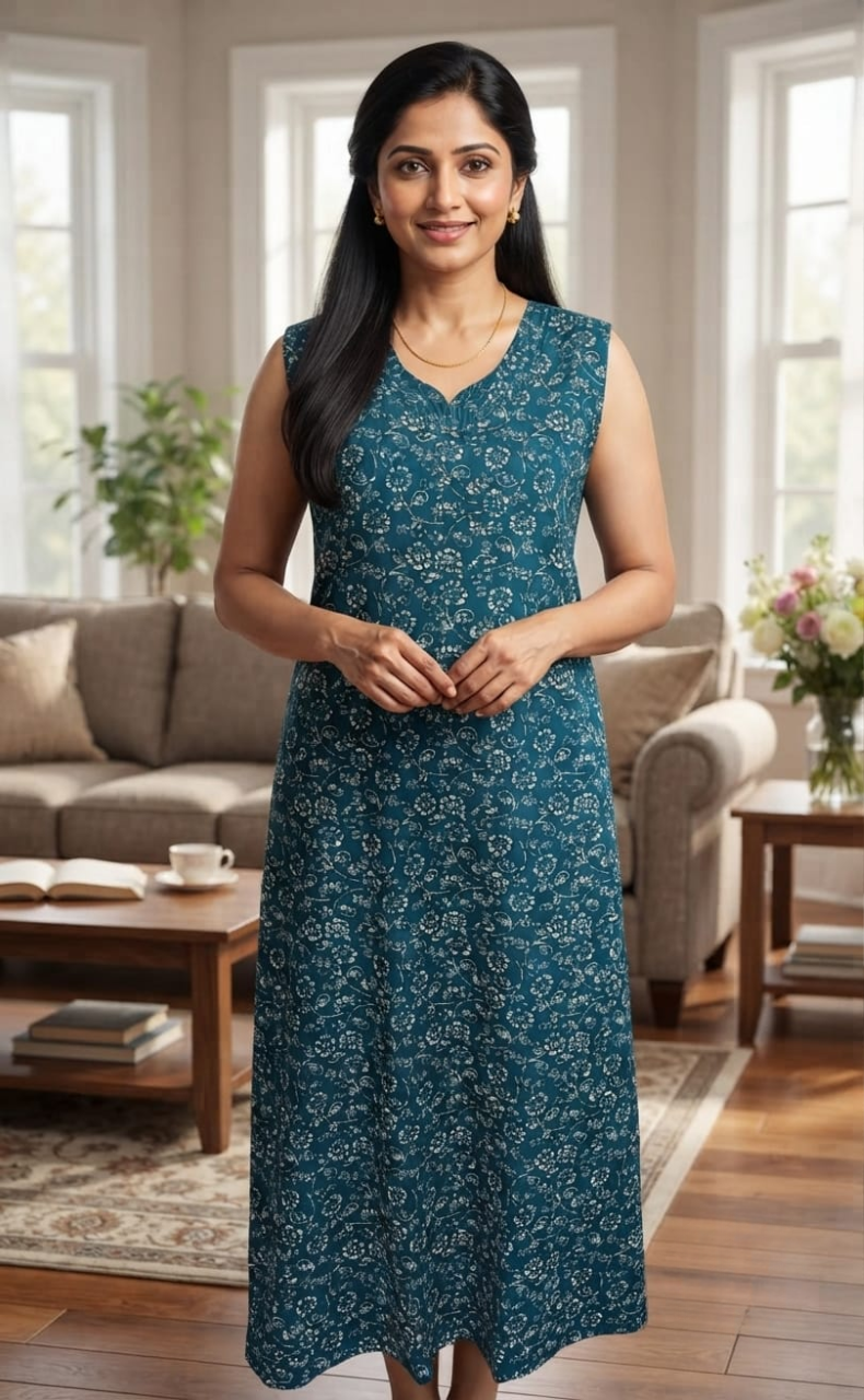Teal Blue Garden Pure Cotton Sleeveless Nighty. Pure Durable Cotton | Laces and Frills