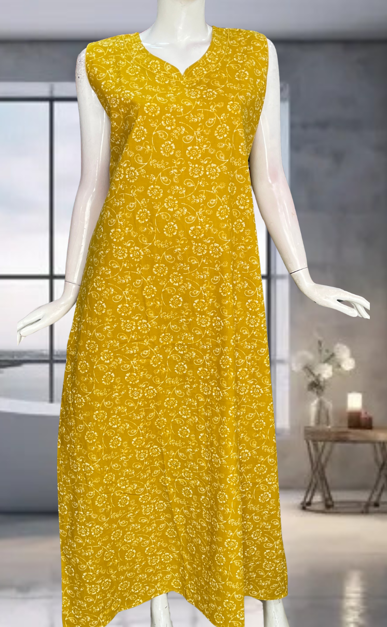 Yellow Garden Pure Cotton Sleeveless Nighty. Pure Durable Cotton | Laces and Frills