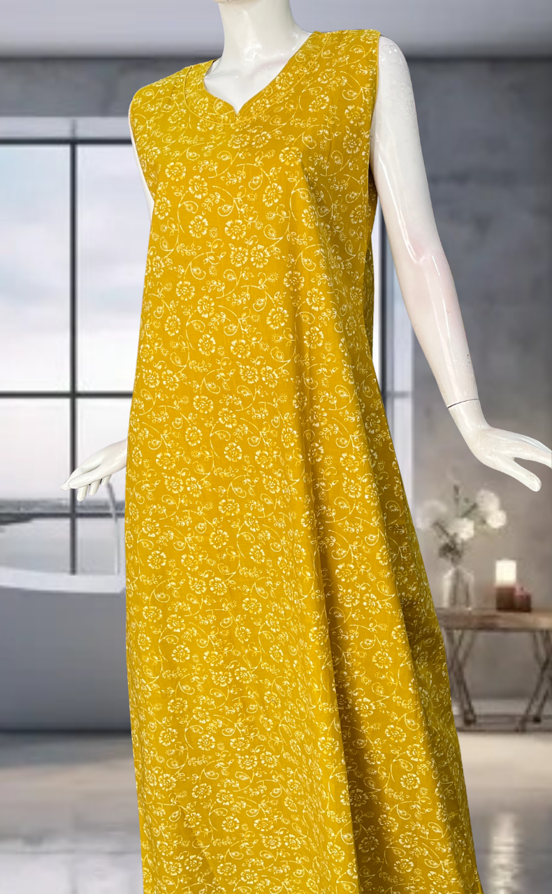 Yellow Garden Pure Cotton Sleeveless Nighty. Pure Durable Cotton | Laces and Frills