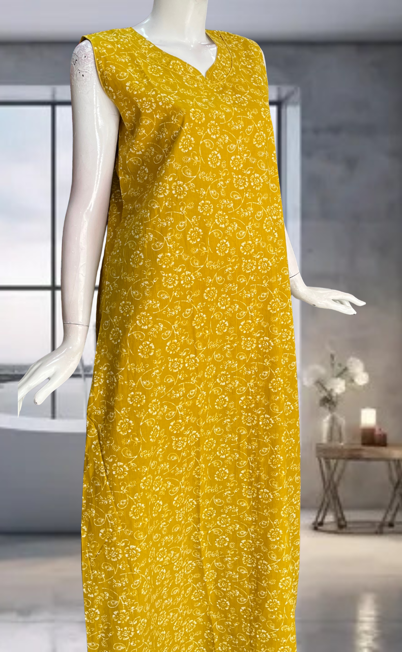 Yellow Garden Pure Cotton Sleeveless Nighty. Pure Durable Cotton | Laces and Frills