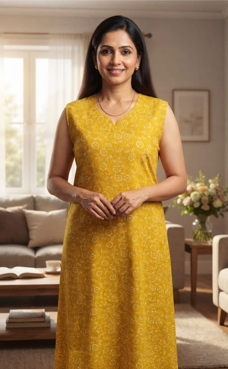 Yellow Garden Pure Cotton Sleeveless Nighty. Pure Durable Cotton | Laces and Frills