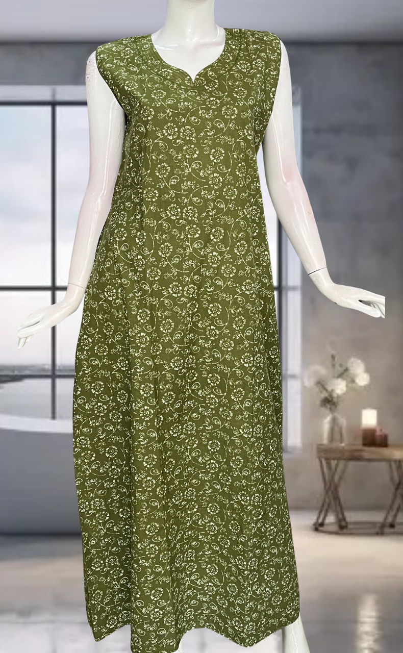 Green Garden Pure Cotton Sleeveless Nighty. Pure Durable Cotton | Laces and Frills