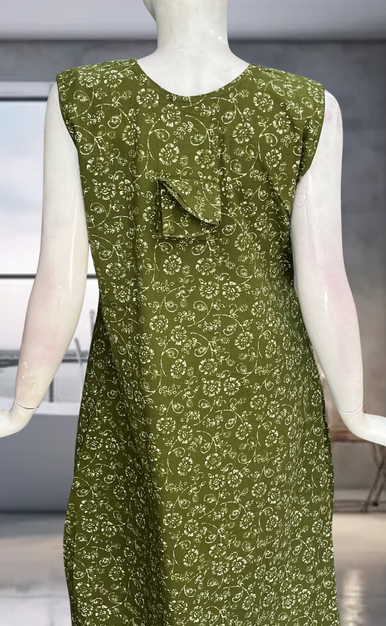 Green Garden Pure Cotton Sleeveless Nighty. Pure Durable Cotton | Laces and Frills