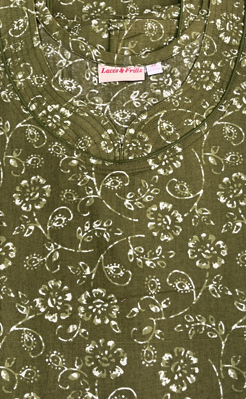 Green Garden Pure Cotton Sleeveless Nighty. Pure Durable Cotton | Laces and Frills