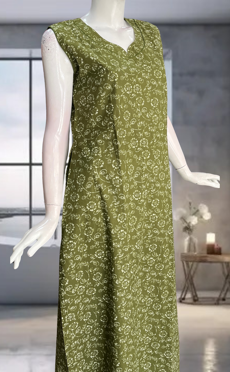 Green Garden Pure Cotton Sleeveless Nighty. Pure Durable Cotton | Laces and Frills