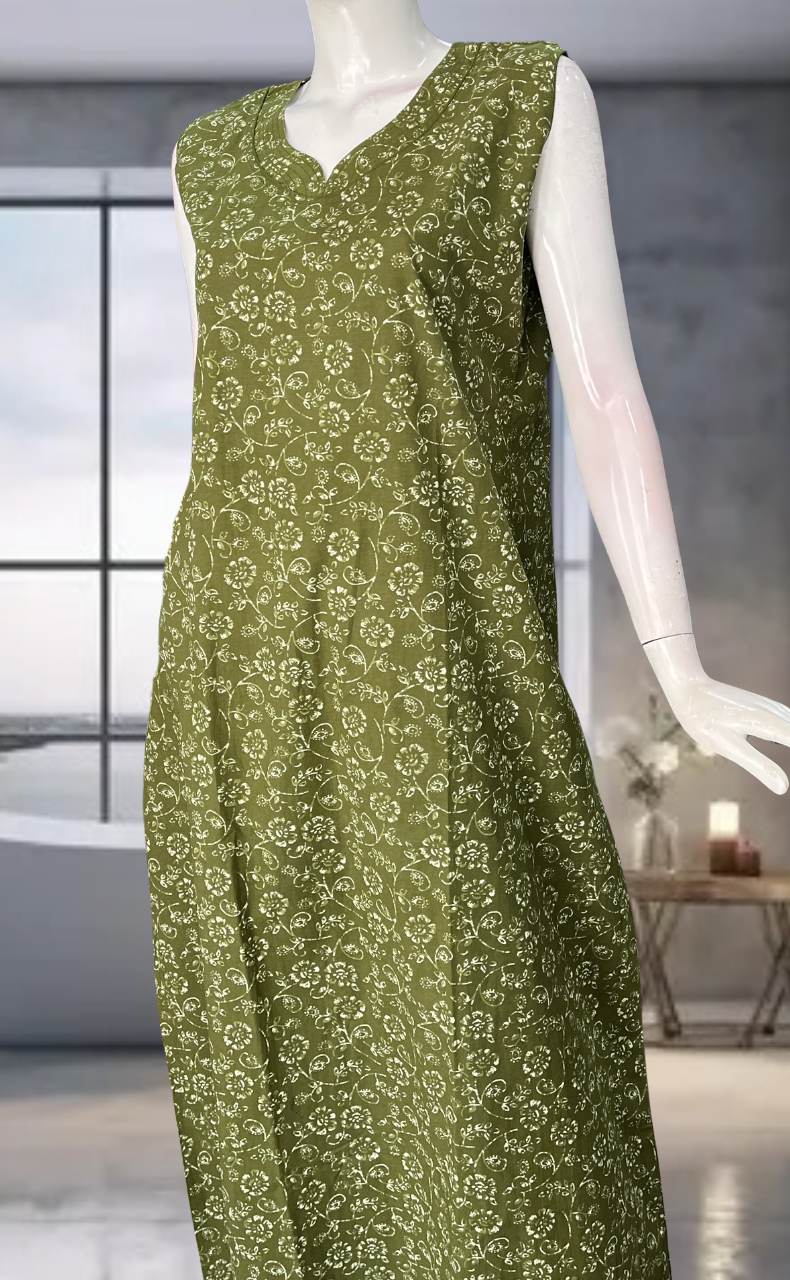 Green Garden Pure Cotton Sleeveless Nighty. Pure Durable Cotton | Laces and Frills
