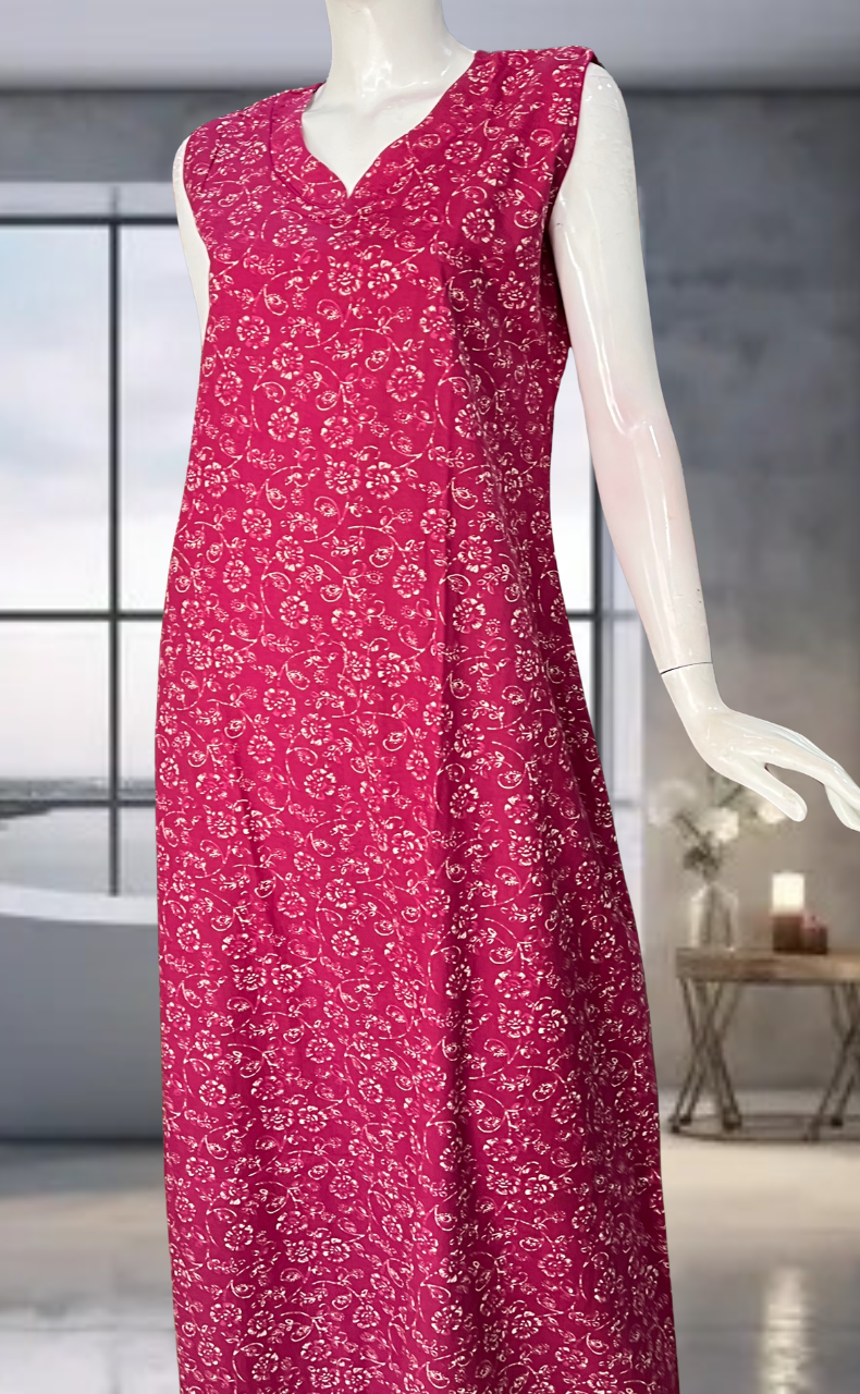 Pink Garden Pure Cotton Sleeveless Nighty. Pure Durable Cotton | Laces and Frills