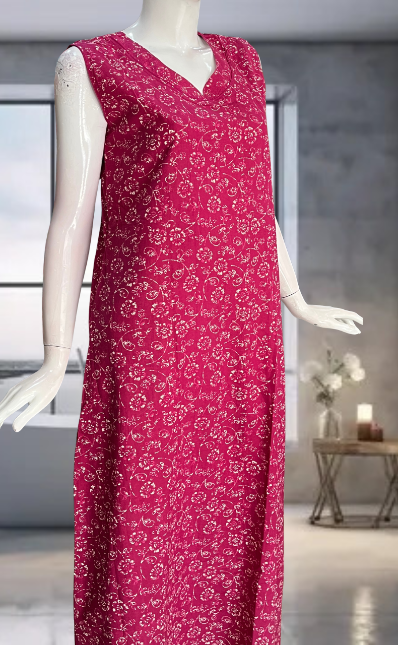 Pink Garden Pure Cotton Sleeveless Nighty. Pure Durable Cotton | Laces and Frills