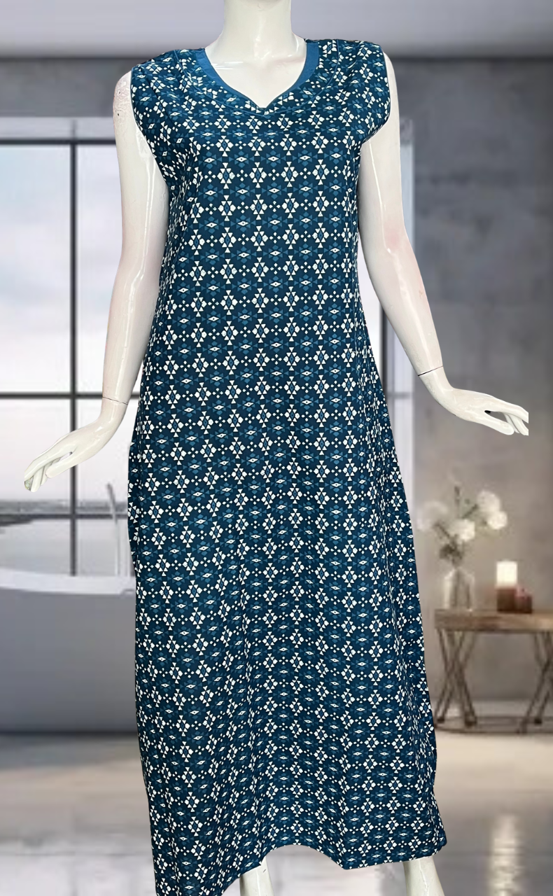 Teal Blue Abstract Pure Cotton Sleeveless Nighty. Pure Durable Cotton | Laces and Frills
