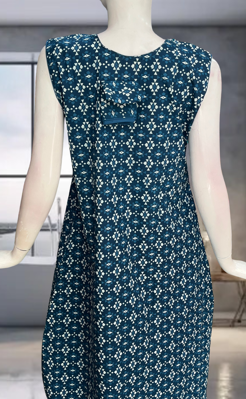 Teal Blue Abstract Pure Cotton Sleeveless Nighty. Pure Durable Cotton | Laces and Frills