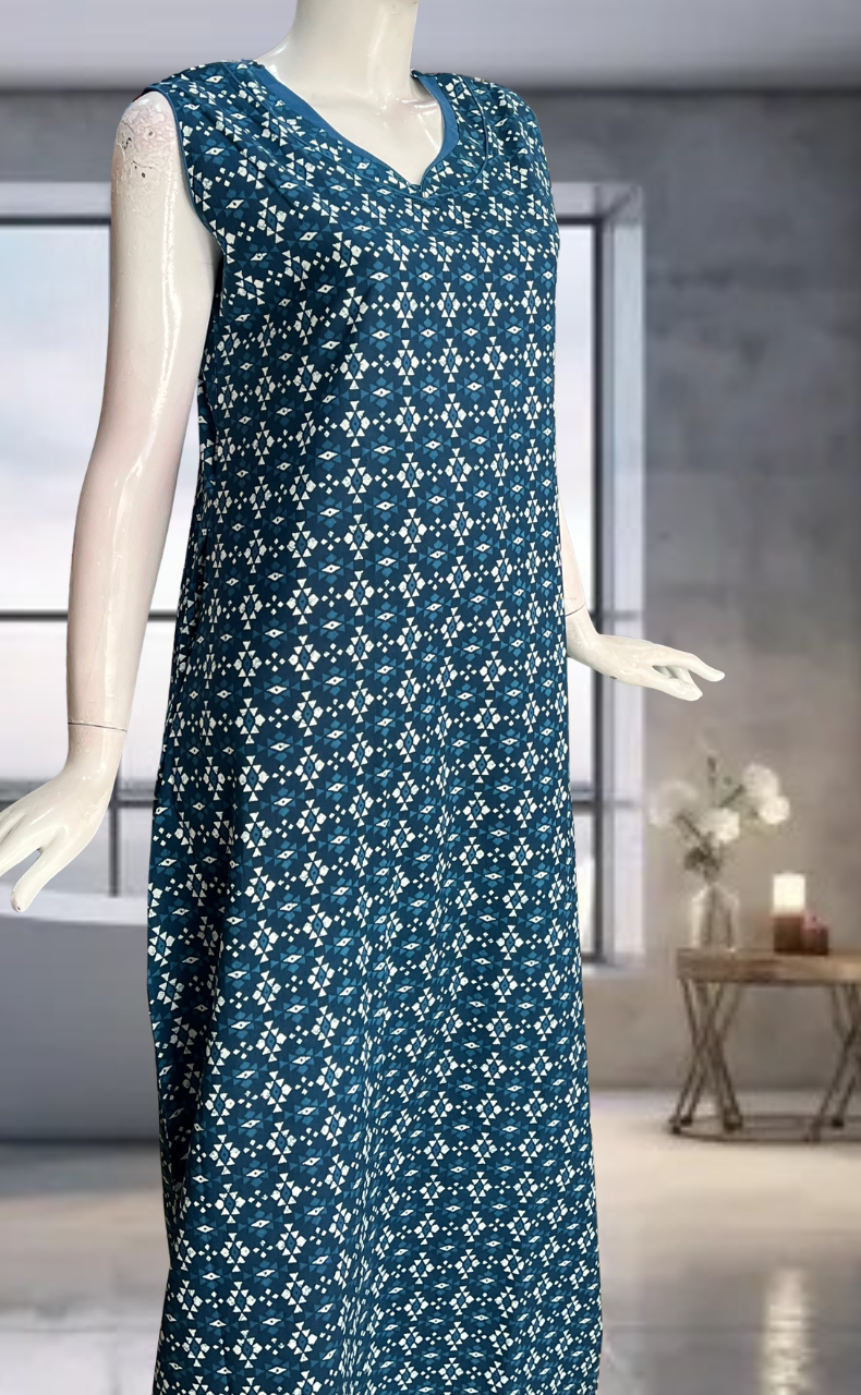 Teal Blue Abstract Pure Cotton Sleeveless Nighty. Pure Durable Cotton | Laces and Frills