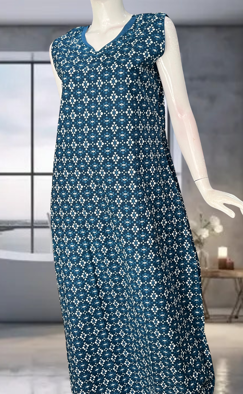 Teal Blue Abstract Pure Cotton Sleeveless Nighty. Pure Durable Cotton | Laces and Frills