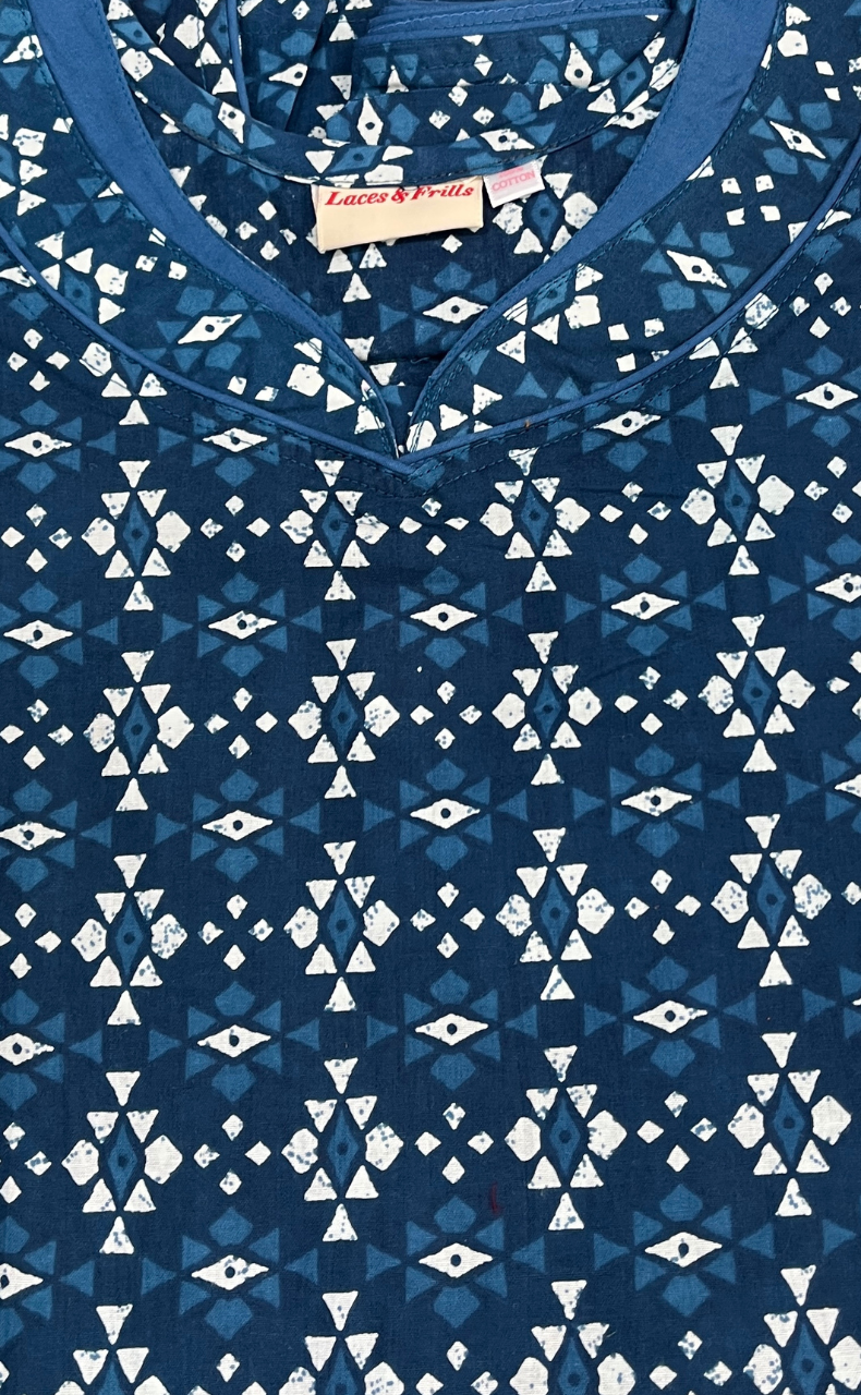 Teal Blue Abstract Pure Cotton Sleeveless Nighty. Pure Durable Cotton | Laces and Frills