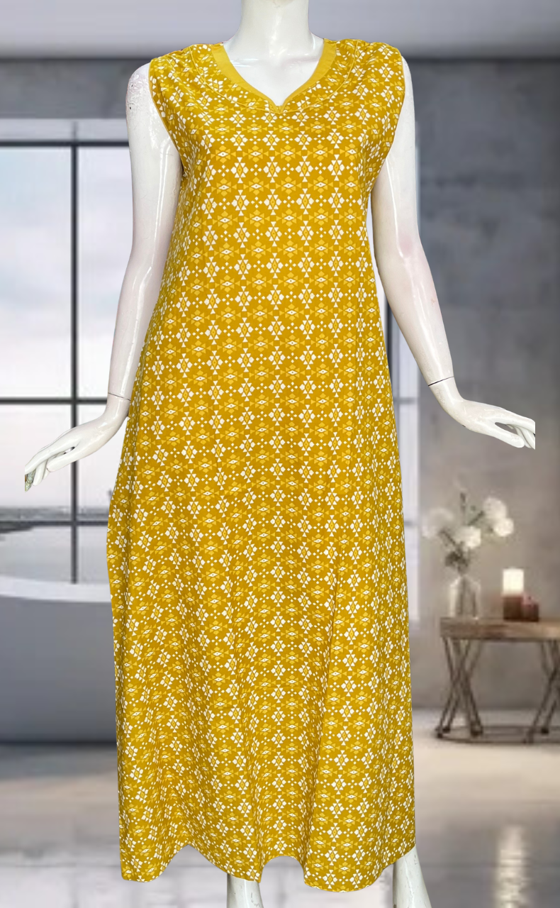 Yellow Abstract Pure Cotton Sleeveless Nighty. Pure Durable Cotton | Laces and Frills