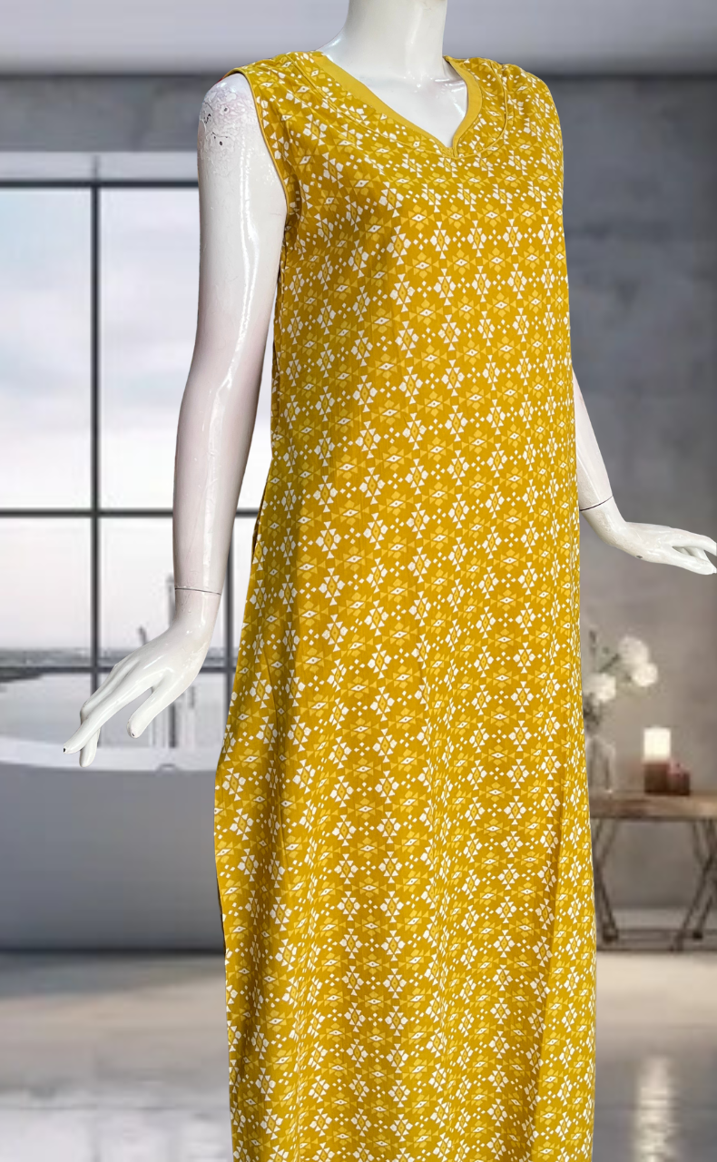 Yellow Abstract Pure Cotton Sleeveless Nighty. Pure Durable Cotton | Laces and Frills