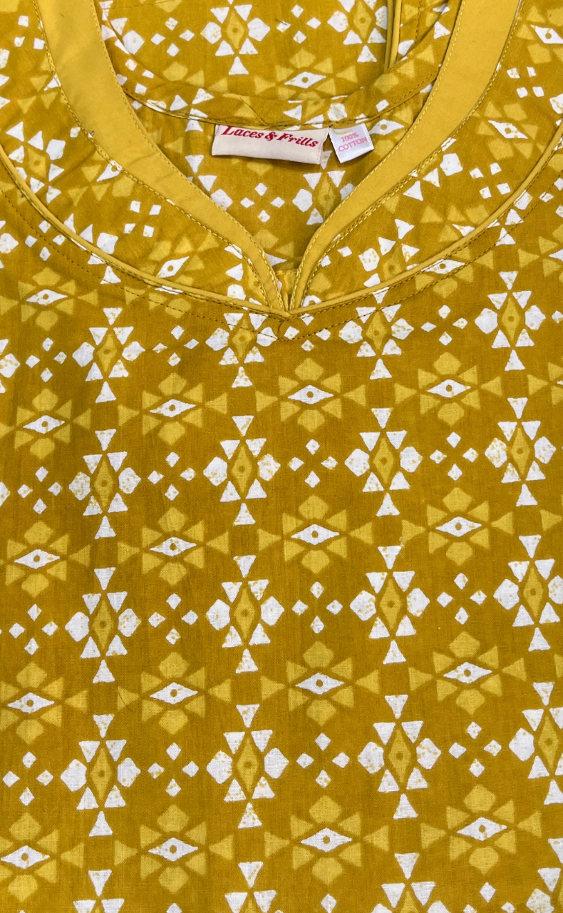 Yellow Abstract Pure Cotton Sleeveless Nighty. Pure Durable Cotton | Laces and Frills