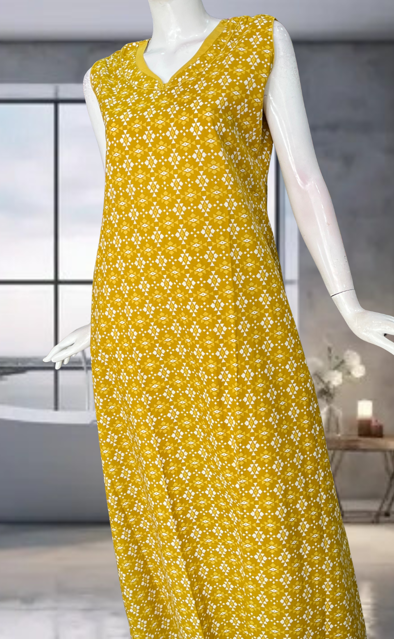 Yellow Abstract Pure Cotton Sleeveless Nighty. Pure Durable Cotton | Laces and Frills