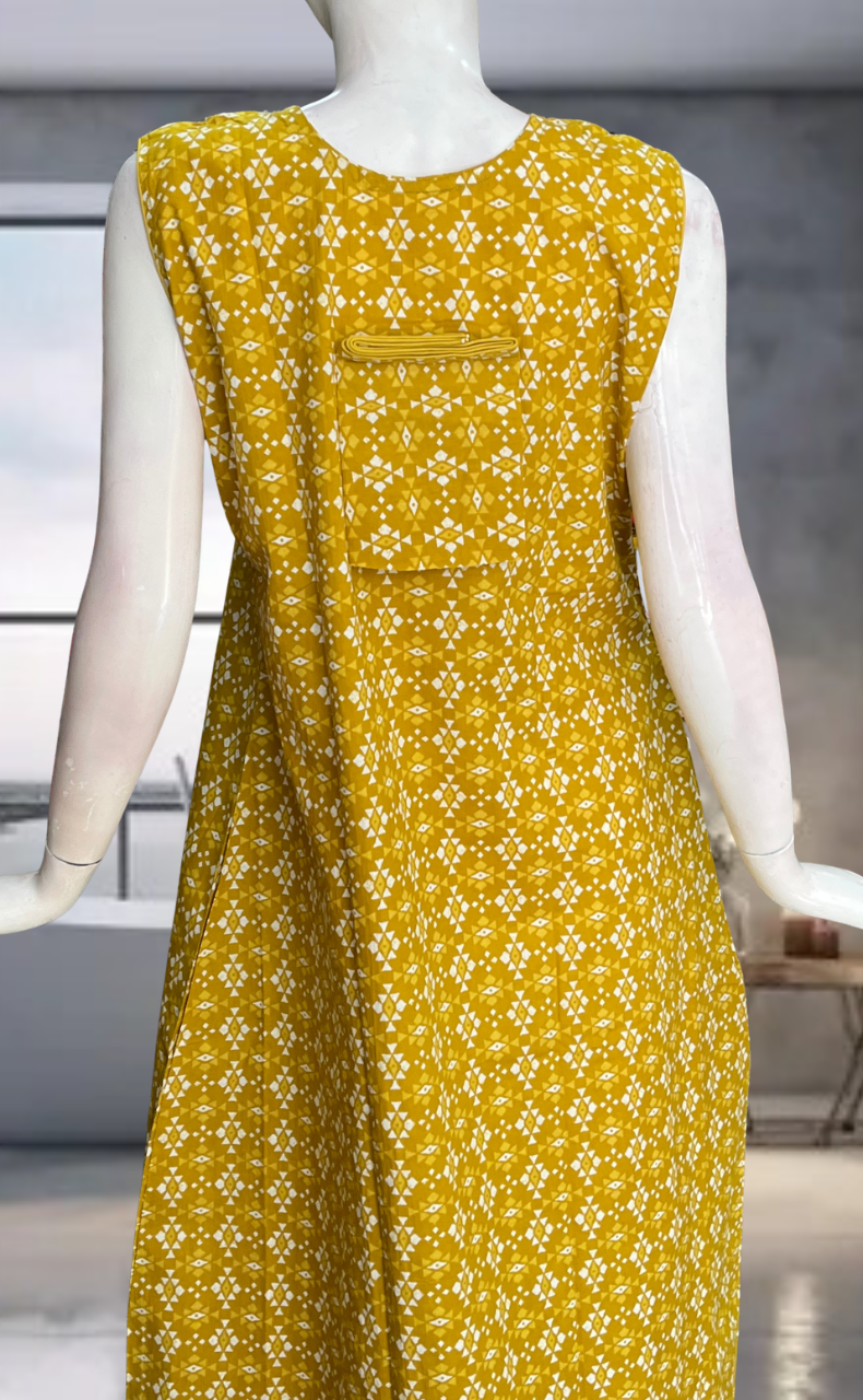 Yellow Abstract Pure Cotton Sleeveless Nighty. Pure Durable Cotton | Laces and Frills