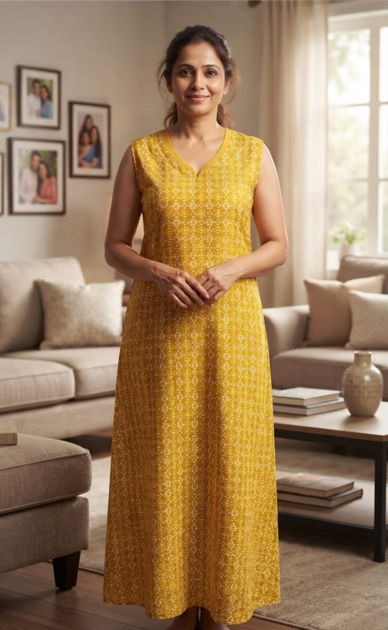 Yellow Abstract Pure Cotton Sleeveless Nighty. Pure Durable Cotton | Laces and Frills