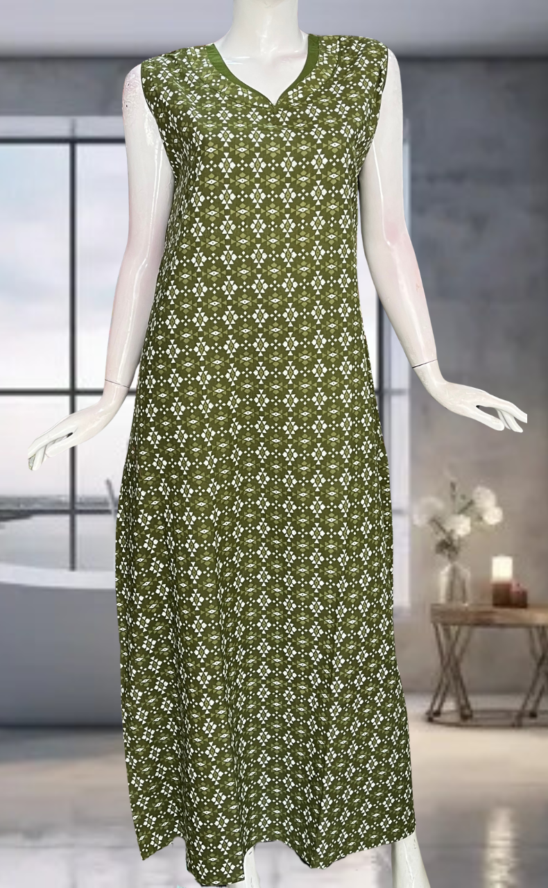 Green Abstract Pure Cotton Sleeveless Nighty. Pure Durable Cotton | Laces and Frills