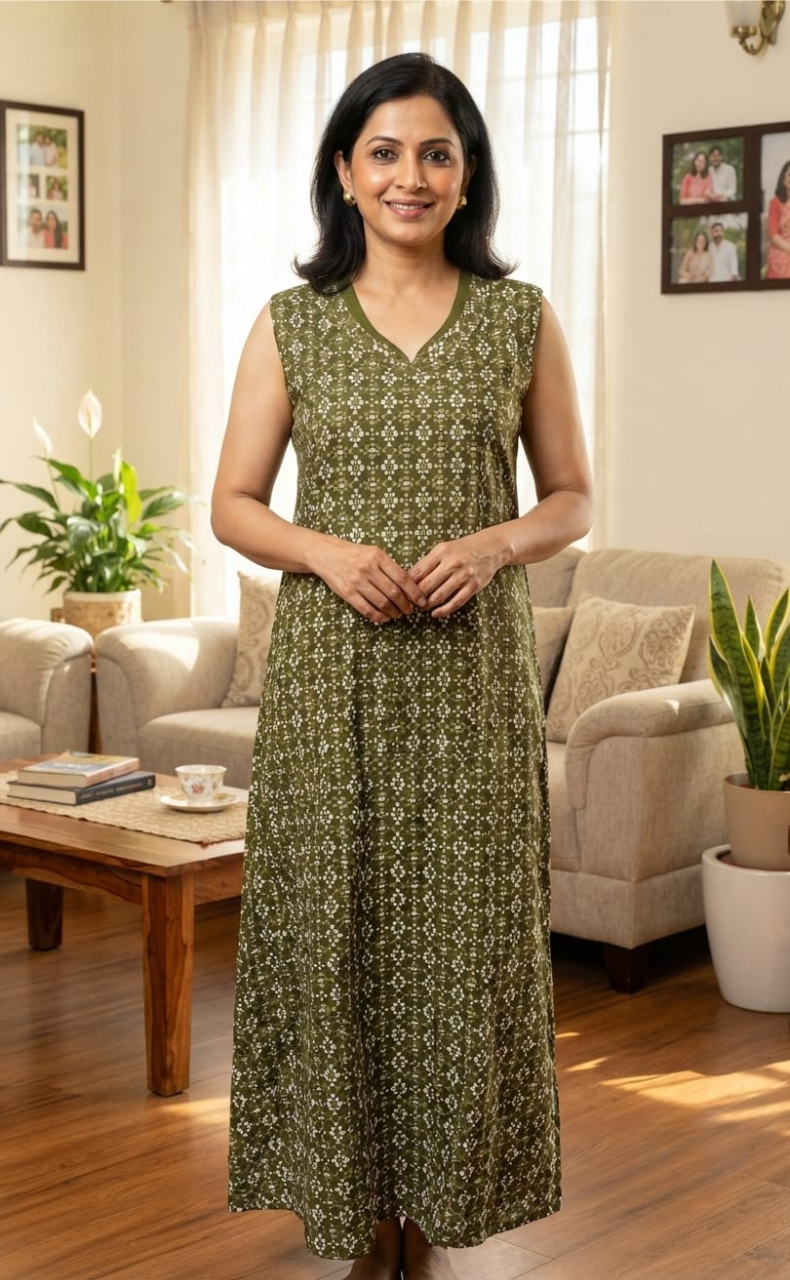 Green Abstract Pure Cotton Sleeveless Nighty. Pure Durable Cotton | Laces and Frills