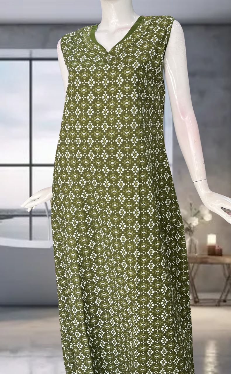 Green Abstract Pure Cotton Sleeveless Nighty. Pure Durable Cotton | Laces and Frills